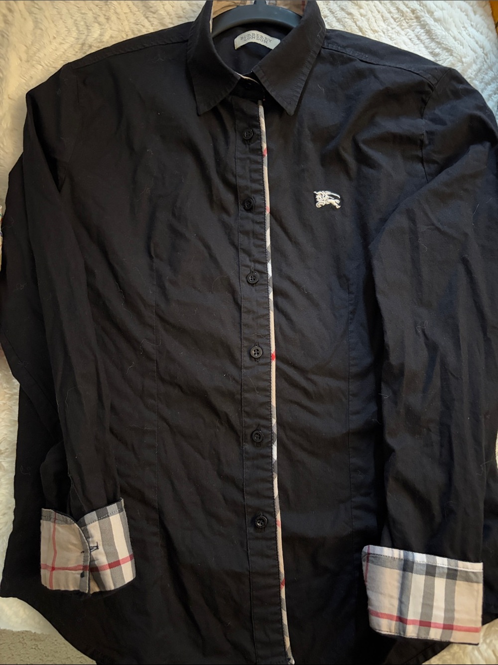 Burberry Black Button-Down Shirt with Check Trim
